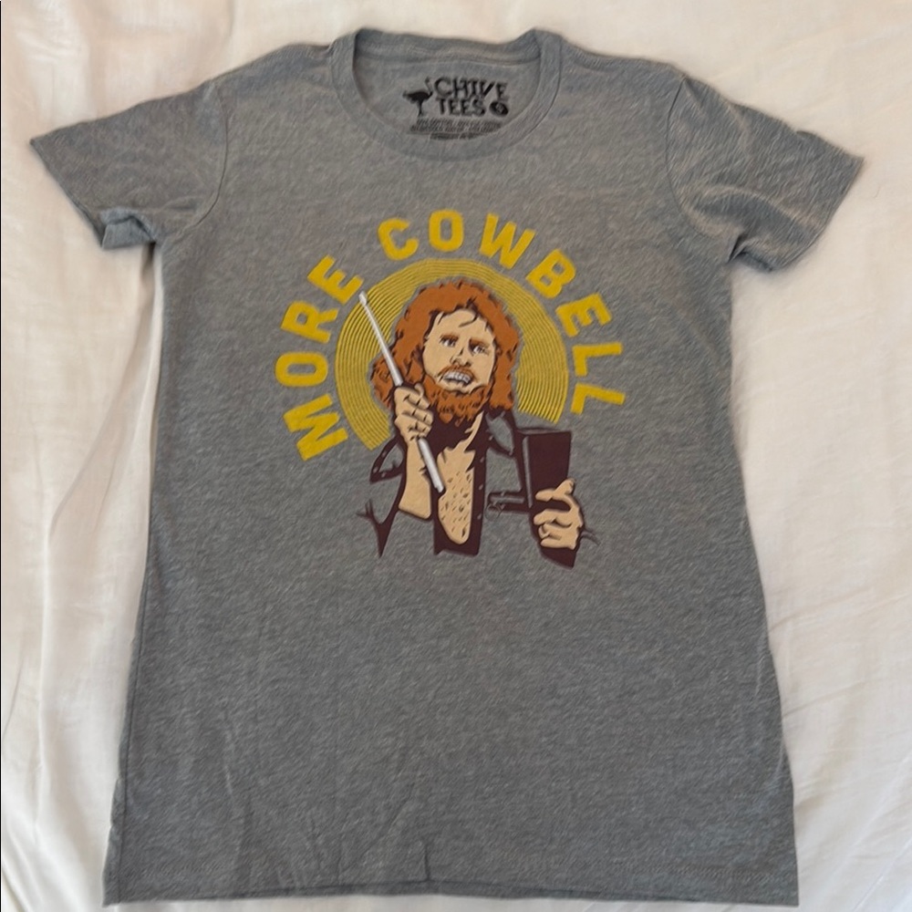 Gray Graphic Tee with 'More Cowbell' Design. Size Small. NWOT